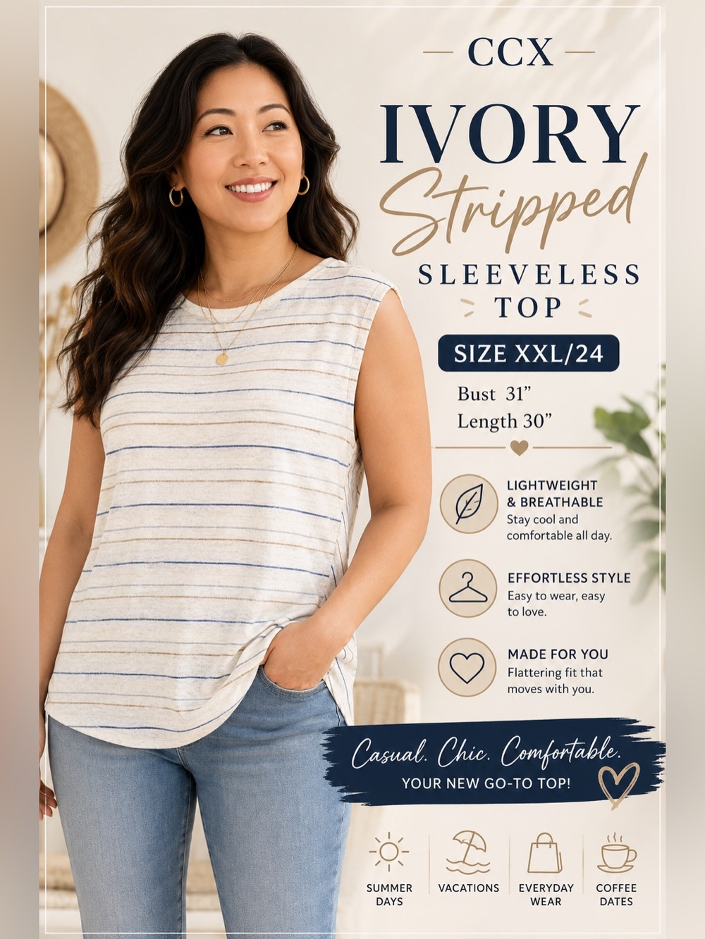 CCX Ivory Stripped sleeveless XXL Top Bust 31” Length 30”